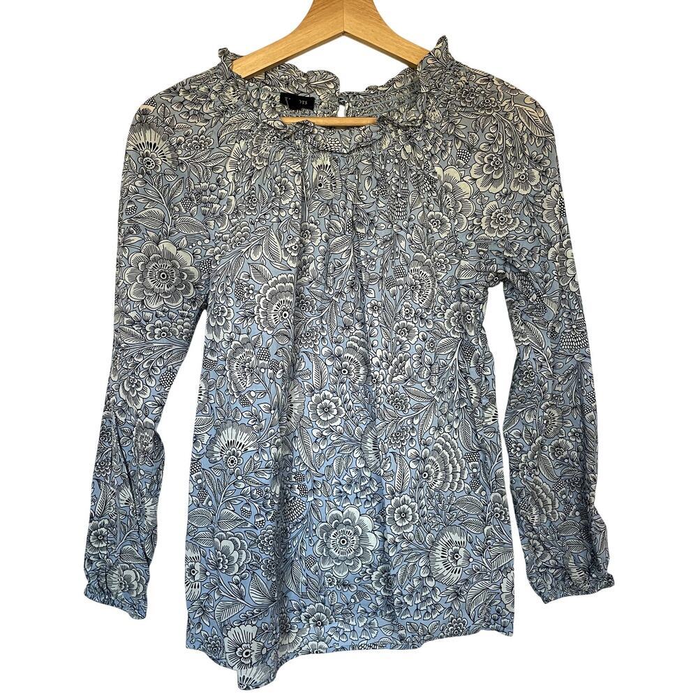 Talbots blue paisley high neck floral top long sleeved blouse women's size S